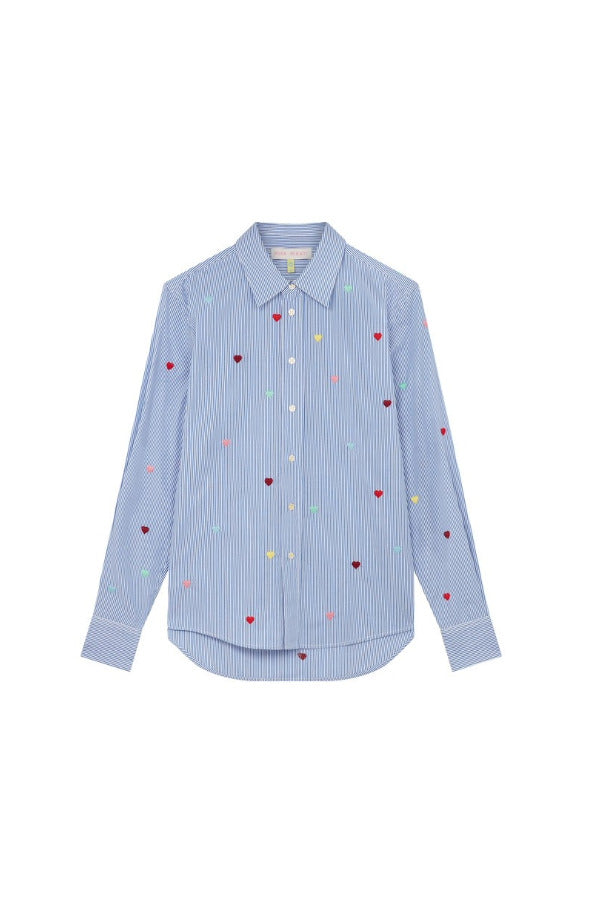 Front view of blue/white heart embroidered classic shirt on white background, with no model shown.