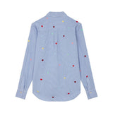 Back view of blue/white heart embroidered classic shirt on white background, with no model shown.