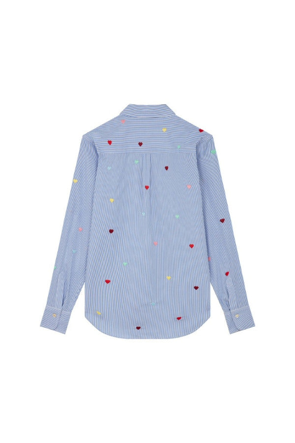 Back view of blue/white heart embroidered classic shirt on white background, with no model shown.