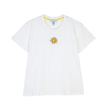 Front view of white sun embroidered melange tee on white background, with no model shown.