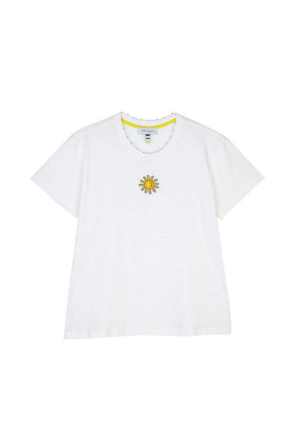 Front view of white sun embroidered melange tee on white background, with no model shown.