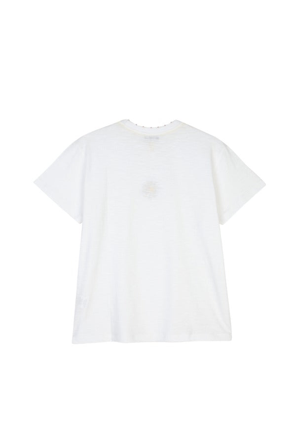 Back view of white sun embroidered melange tee on white background, with no model shown.
