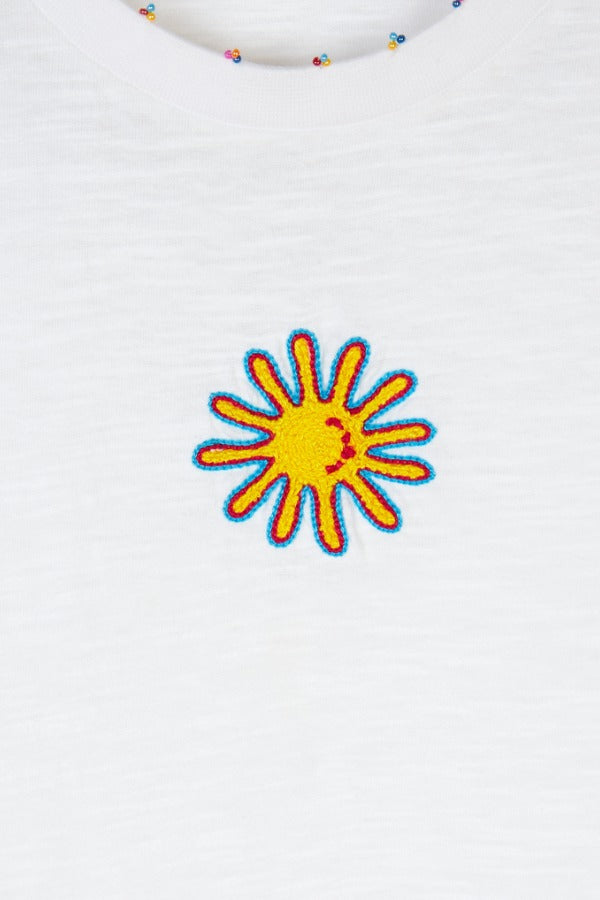 Front closeup view of sum embroidered melange tee, with no model shown.