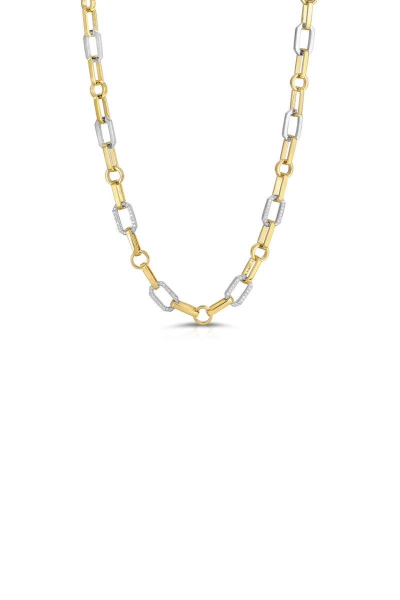 14K Yellow Gold and Silver Mixed Link Chain with Diamonds Necklace