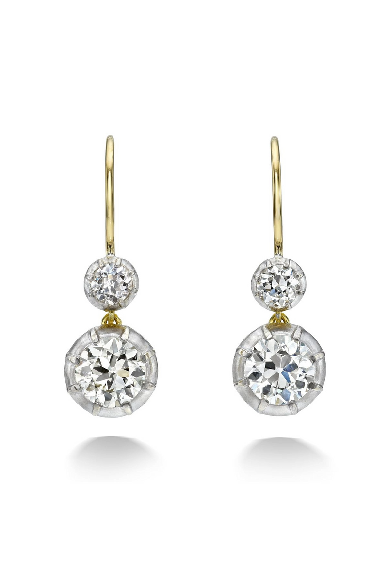 18K White and Yellow Gold Double Old Euro Drop Earrings