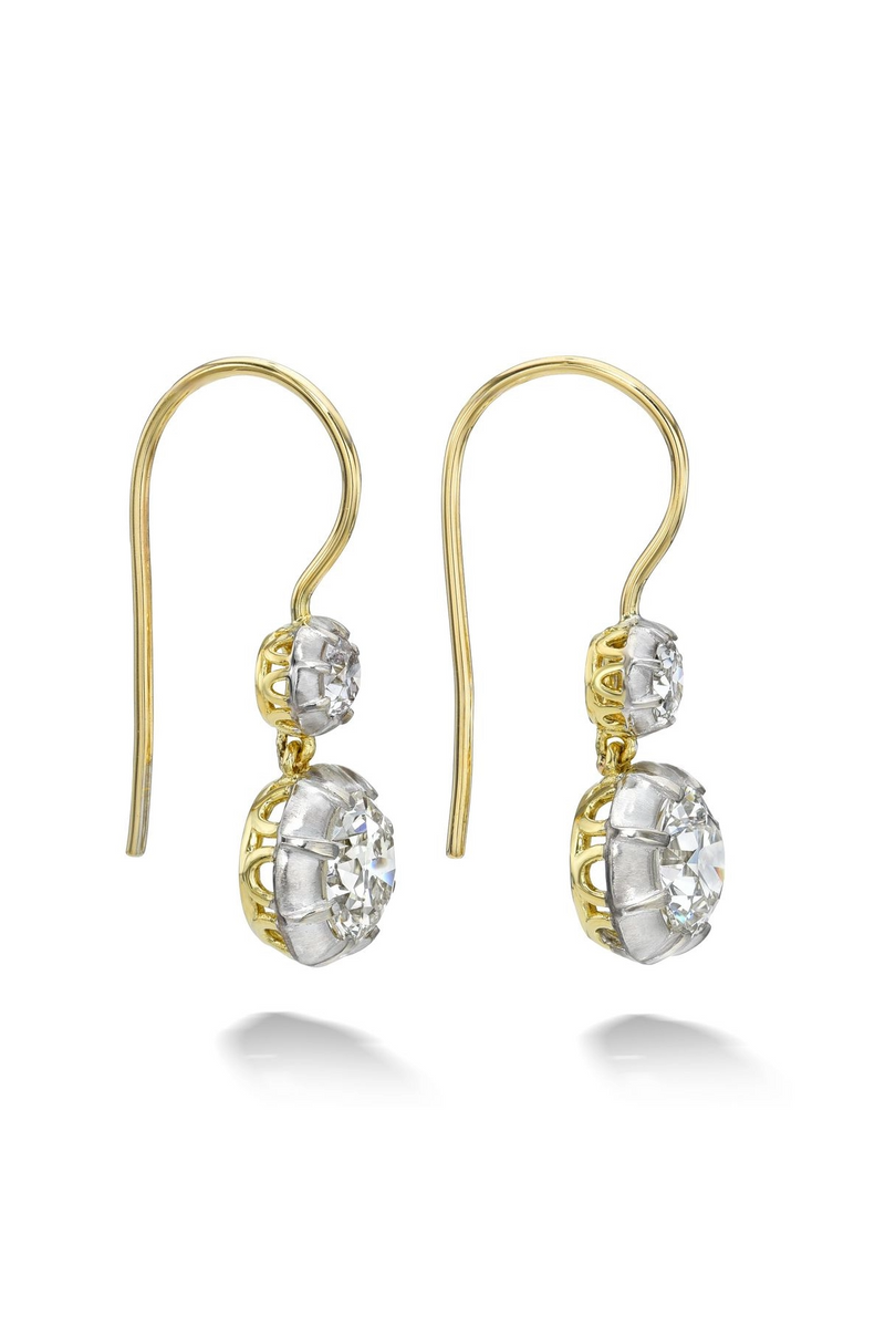 18K White and Yellow Gold Double Old Euro Drop Earrings