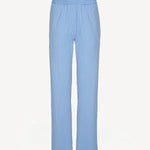 Front view of light blue striped jogger pants on white background with no model shown.