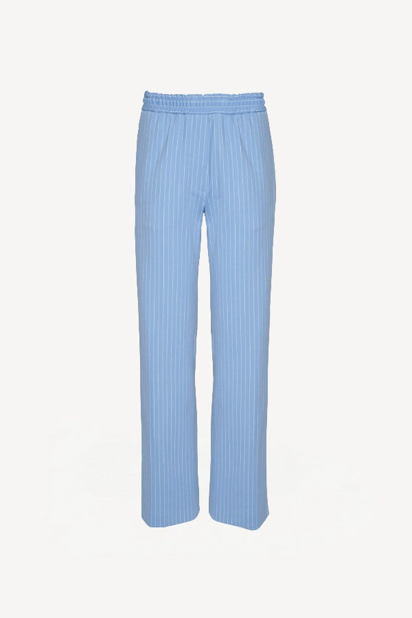 Front view of light blue striped jogger pants on white background with no model shown.