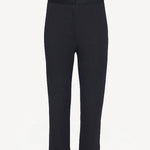Front view of navy pinstriped universal pant on white background, with no model shown.