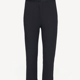 Front view of navy pinstriped universal pant on white background, with no model shown.