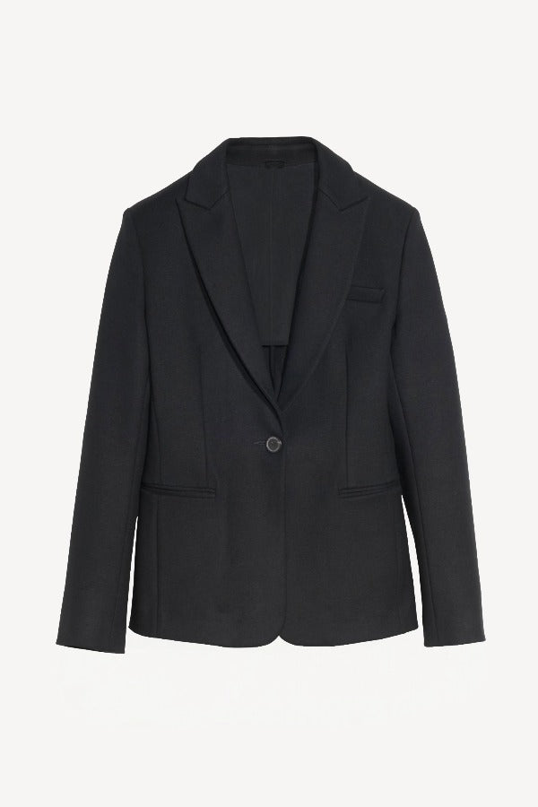 Front view of black blazer on white background, with no model shown.