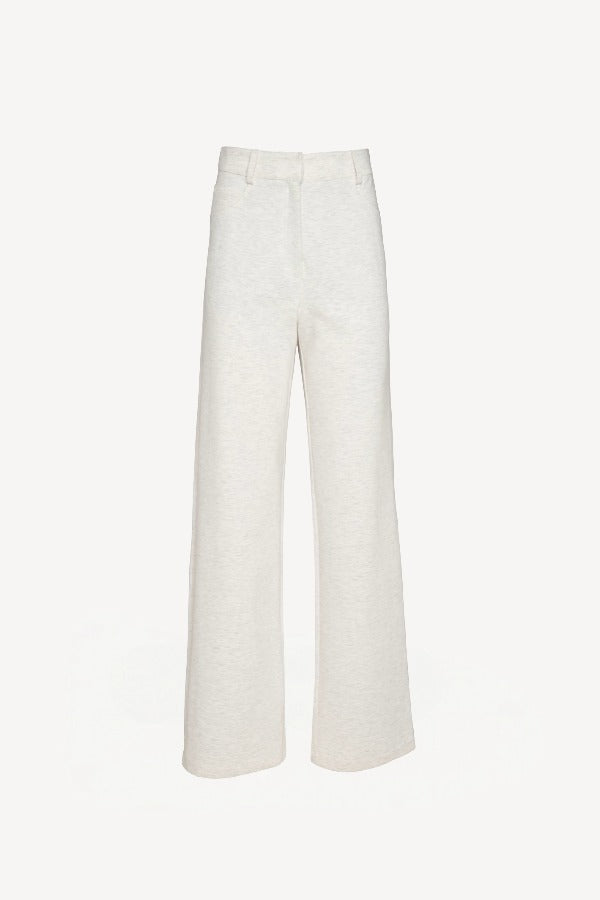 Front view of gris melange boot cut jersey pant on white background, with no model shown.
