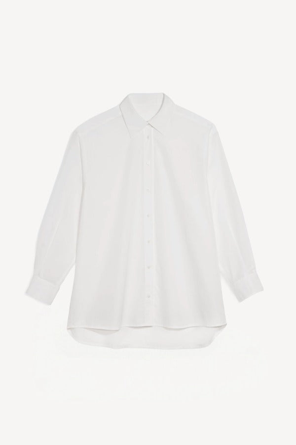Front view of white superfine poppelin cotton shirt on white background, with no model shown.
