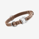 Front view of walnut clyde collar on white background, with no model shown.