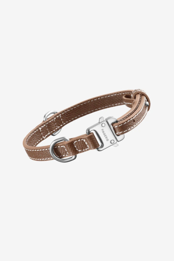 Front view of walnut clyde collar on white background, with no model shown.
