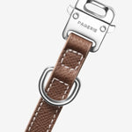 Clasp view of walnut clyde collar on white background, with no model shown.