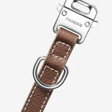Clasp view of walnut clyde collar on white background, with no model shown.
