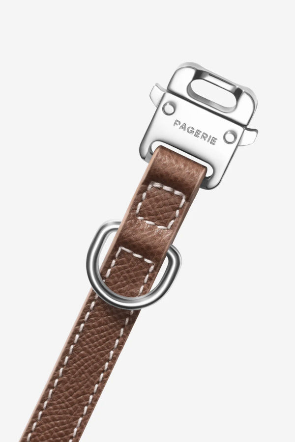 Clasp view of walnut clyde collar on white background, with no model shown.