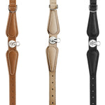Open view of all three colors of the dorro collar: saddle, sand and black. On White background, with no model shown.