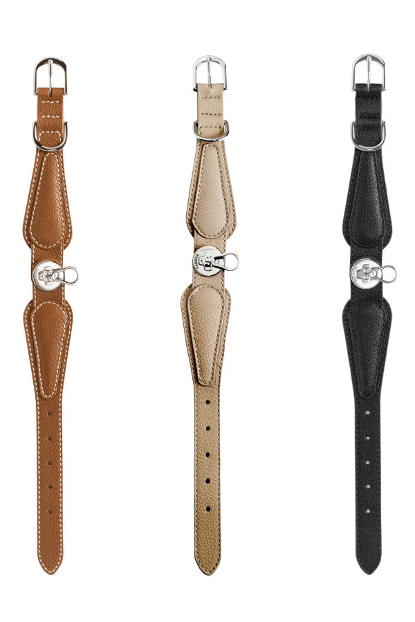 Open view of all three colors of the dorro collar: saddle, sand and black. On White background, with no model shown.