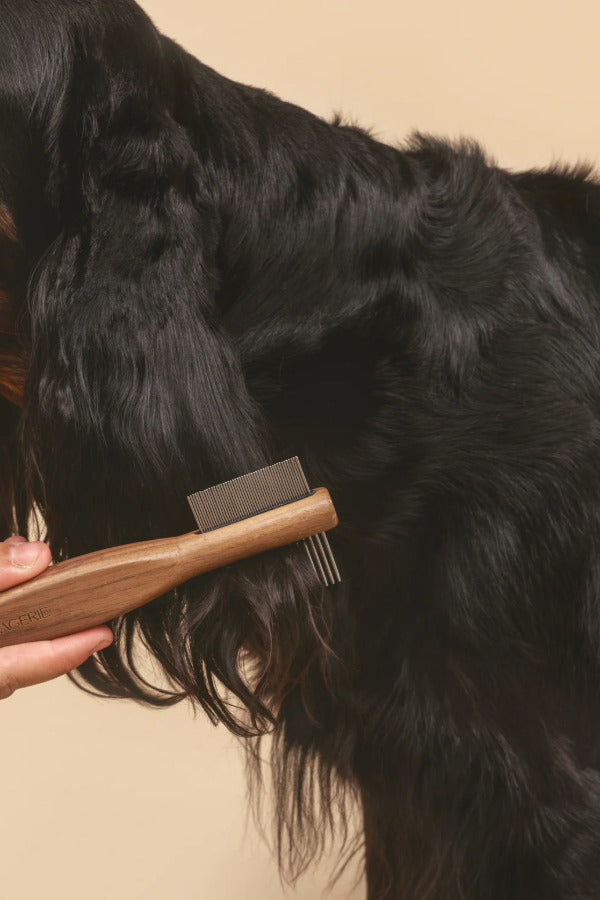 Side view of comber tool being used on cocker spaniel on beige background.