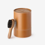 Side view of brush tool Pansage grooming kit against the box on white background.
