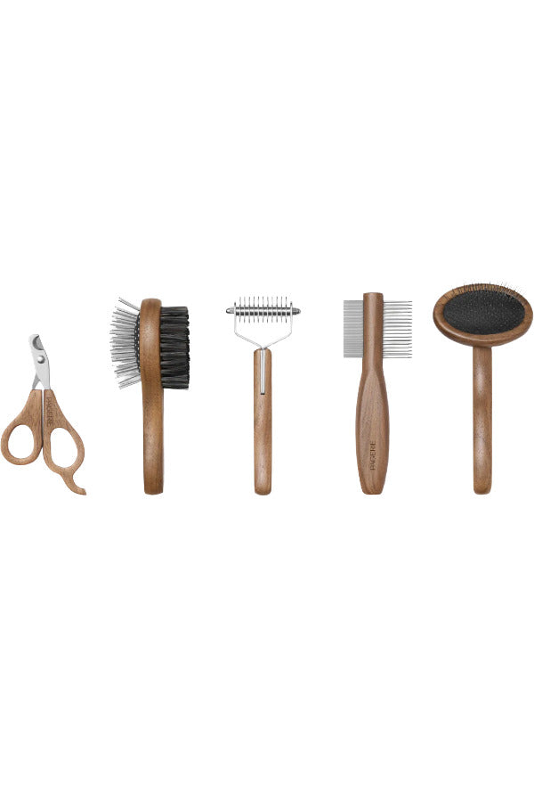 Front view of 5 kit accessory of Pansage Grooming kit on white background, with no model shown.