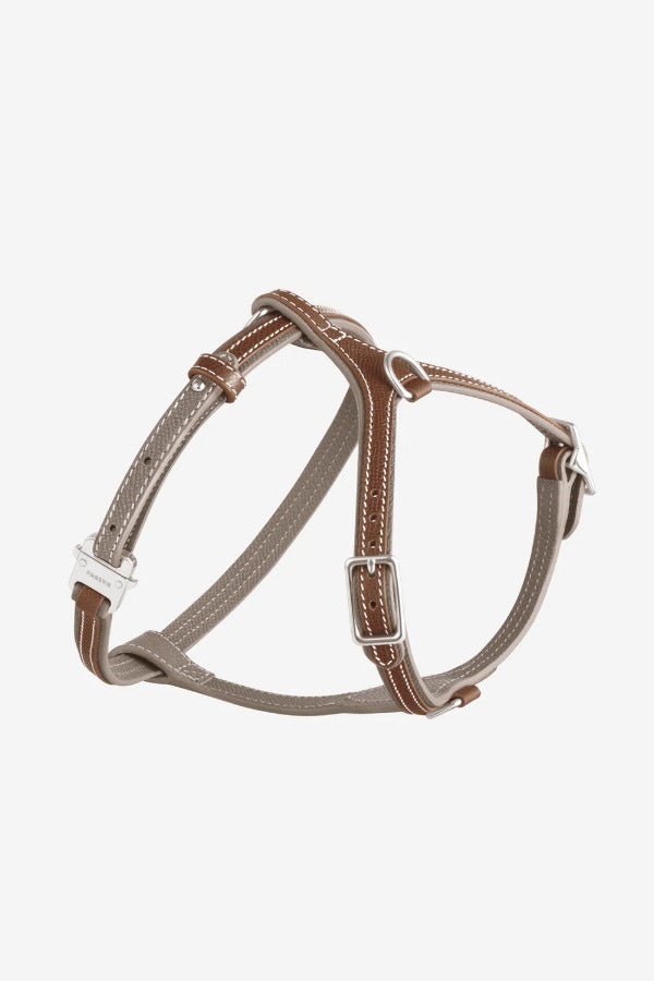 Side view of walnut petite harness on white background, with no model shown.