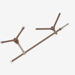 Open view of walnut petite harness on white background, with no model shown.