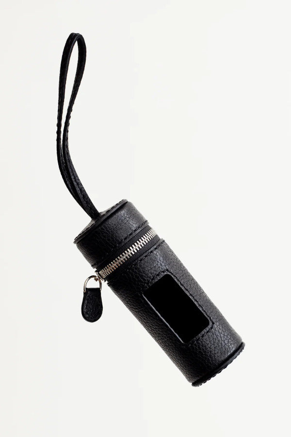 Front view of black pouchette dog bag holder on white background, with no model shown.