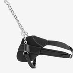 Side view of steel and leather simone harness on white background, with no model shown.