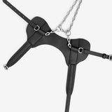 Open view of steel and leather simone harness on white background with no model shown.