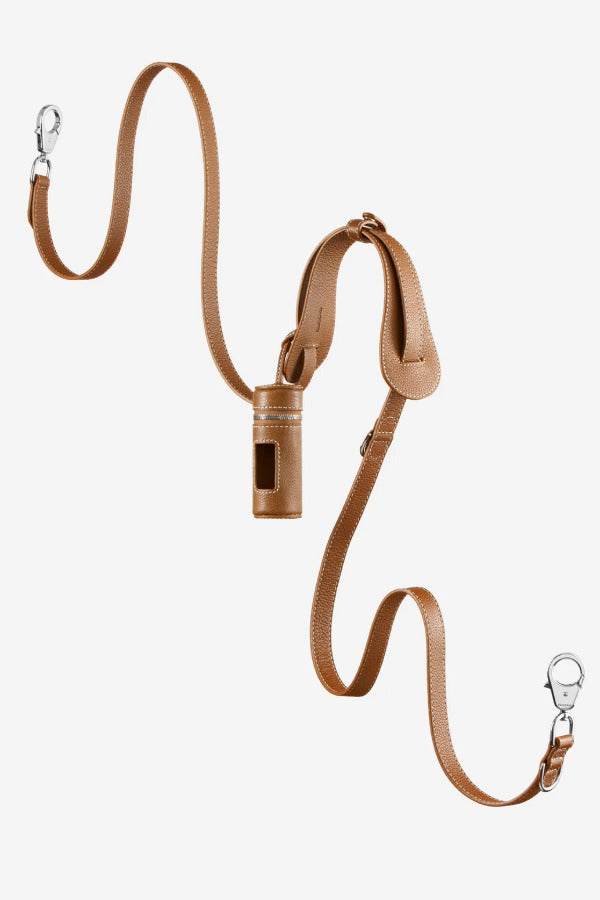 Front view of saddle tascher leash on white background, with no model shown.