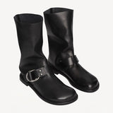 Front slanted view of black kristen ankle boot on white background, with no model shown.