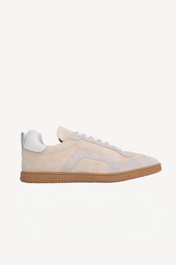 Right side view of multi-white suede calf start sneakers on white background, with no model shown.