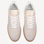 Overhead view of multi-white suede calf start sneakers on white background, with no model shown.