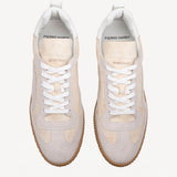 Overhead view of multi-white suede calf start sneakers on white background, with no model shown.