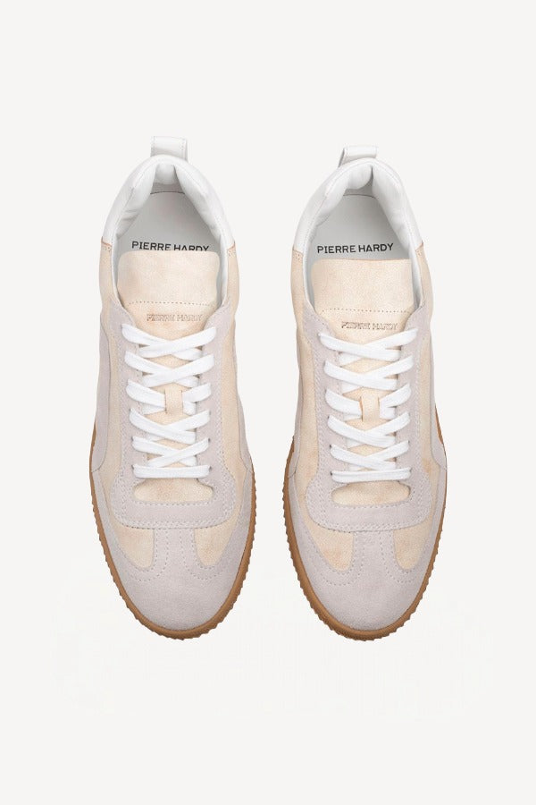Overhead view of multi-white suede calf start sneakers on white background, with no model shown.