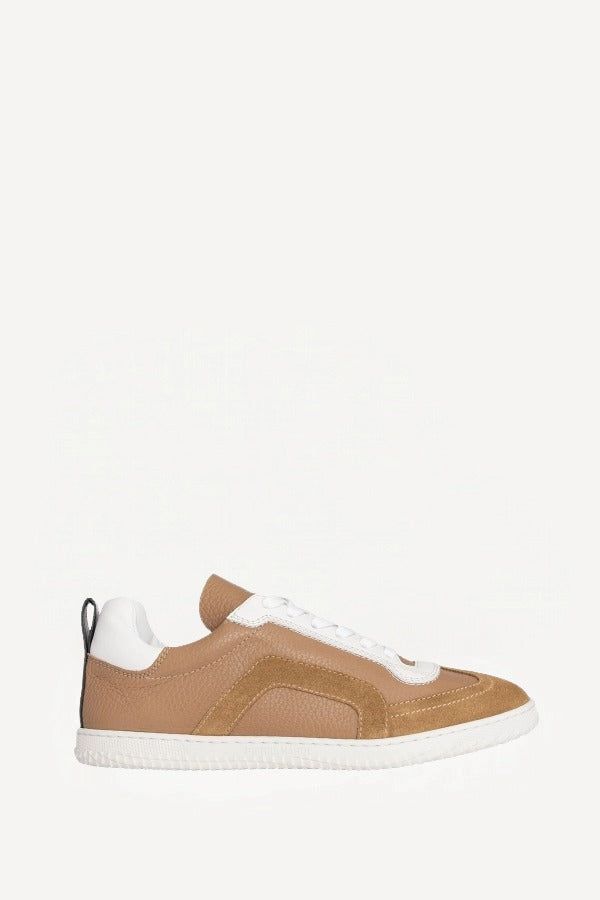 Right side view of camel start sneakers on white background, with no model shown.