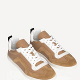 Pair view of camel start sneakers on white background, with no model shown.