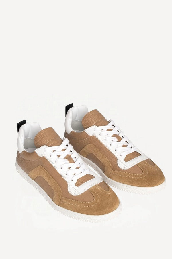 Pair view of camel start sneakers on white background, with no model shown.