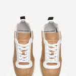 Overhead view of camel start sneakers on white background, with no model shown.