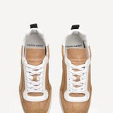 Overhead view of camel start sneakers on white background, with no model shown.