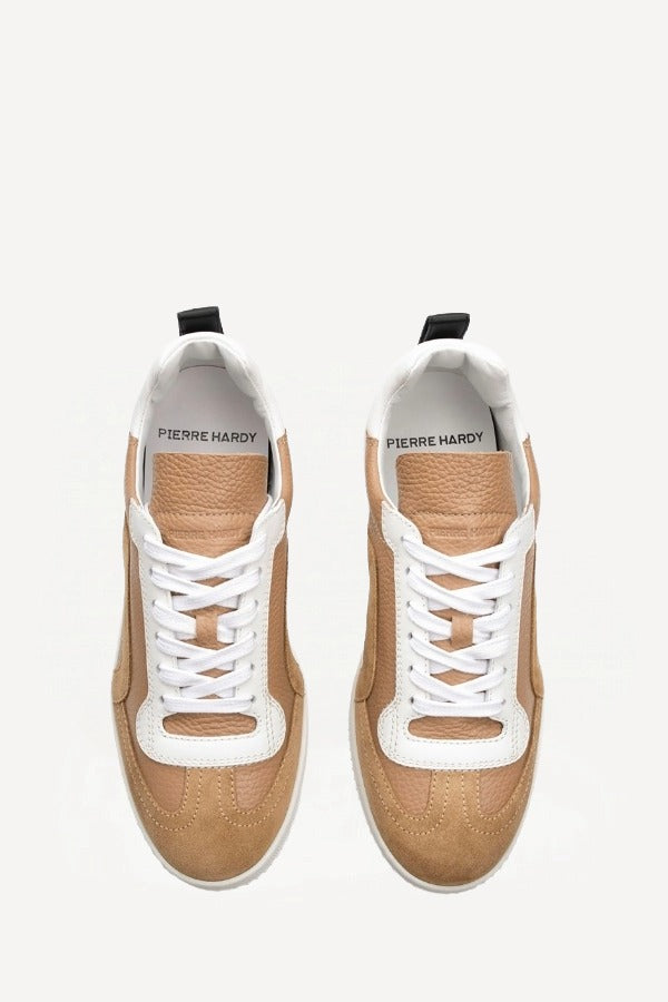 Overhead view of camel start sneakers on white background, with no model shown.