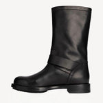 Left side view of black wild calf ankle boot on white background, with no model shown.