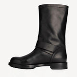 Left side view of black wild calf ankle boot on white background, with no model shown.