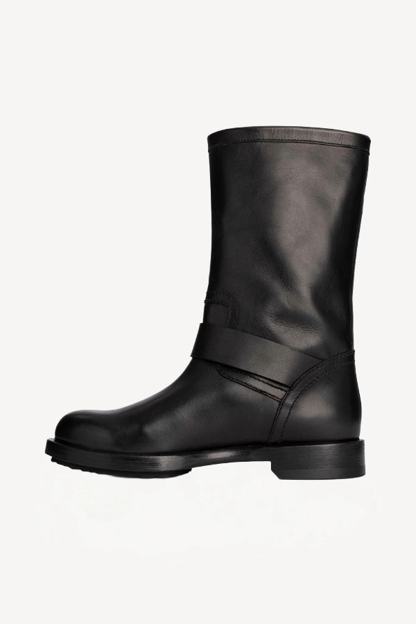 Left side view of black wild calf ankle boot on white background, with no model shown.