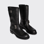 Front slanted view of black wild calf ankle boot on white background, with no model shown.