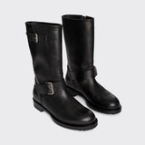 Front slanted view of black wild calf ankle boot on white background, with no model shown.