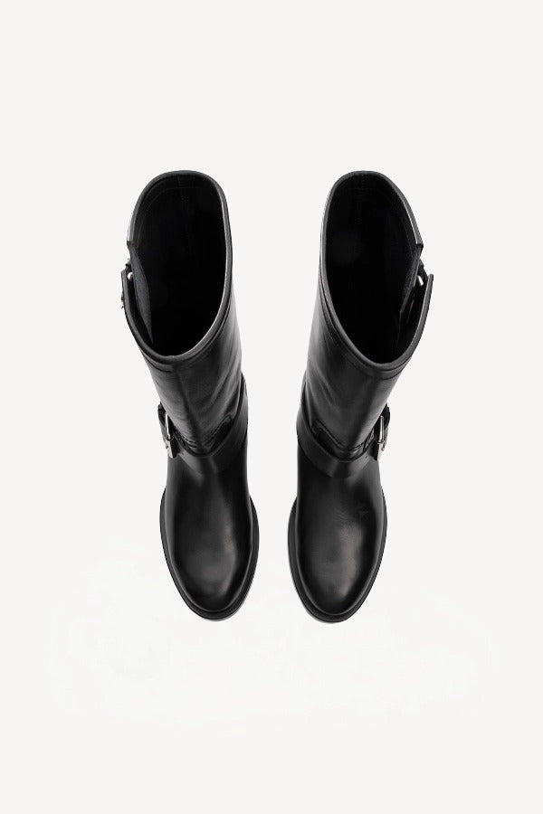 Overhead view of black wild calf ankle boot on white background, with no model shown.